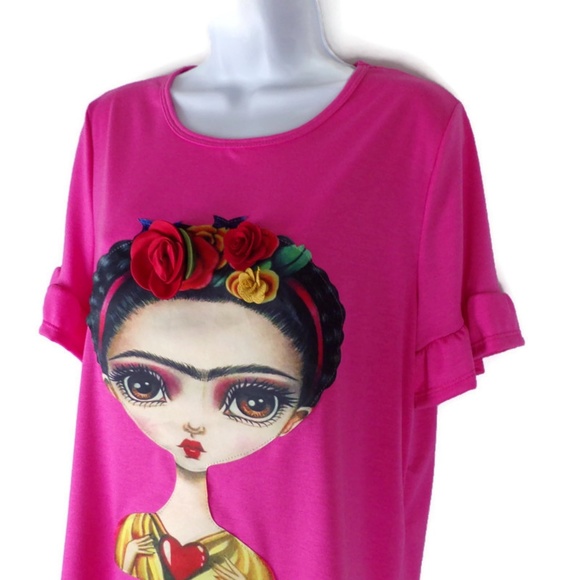 Frida Khalo Top With Applique Flowers W1309 - Picture 2 of 7